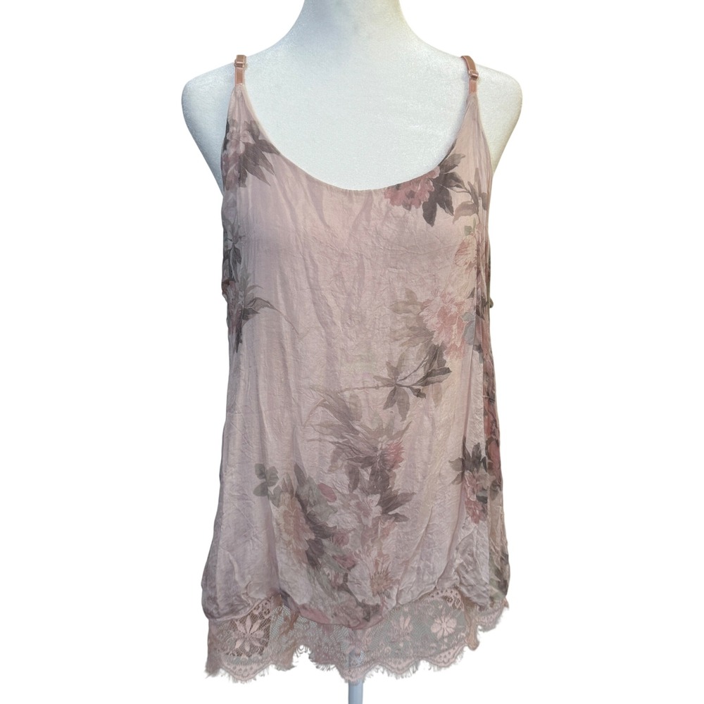 Scandal Italy‎ Silk Floral Lace Cami Tank Top M Pink Boho Romantic Made Italy